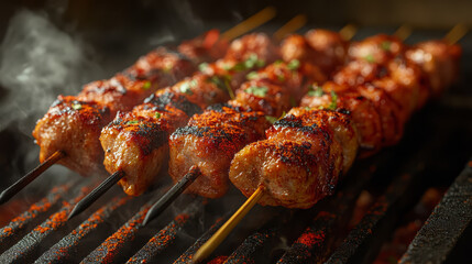 Grilled skewers with smoky flavor, sprinkled with chili powder, create mouthwatering dish. Perfect for outdoor gatherings and barbecues, these skewers are delight