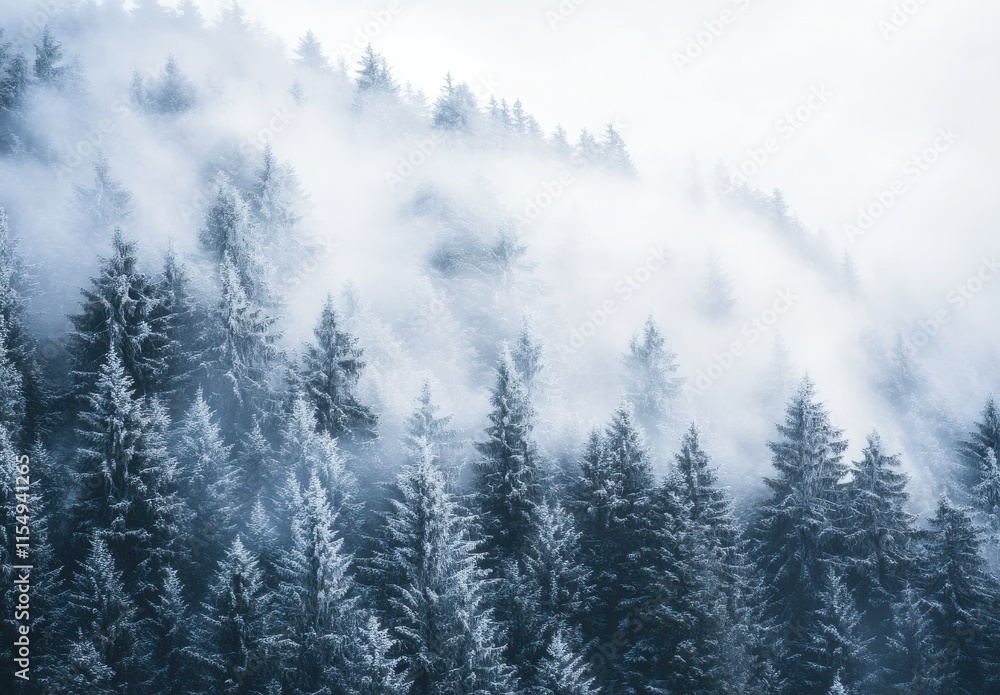Poster Enchanting Misty Forest Scene in Winter with Snow-Covered Pine Trees Surrounded by Ethereal Fog Creating a Calm and Serene Atmosphere in Nature