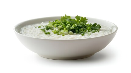 Rice Porridge with Mushrooms and Herbs in Wooden Bowl