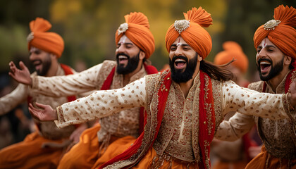 A group of men in vibrant traditional attire, including orange turbans and beards, performing an intricate bhangra dance with energetic movements and joyful expressions. 