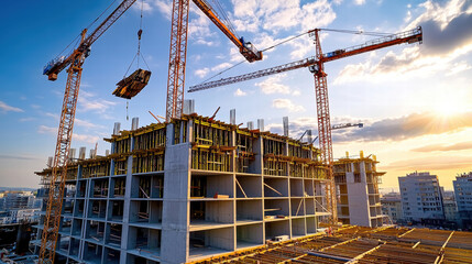 Concrete construction. Construction site with cranes and a building under development at sunset.