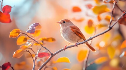 Little Bird Perched on Autumn Branch - Peaceful Fall Scene