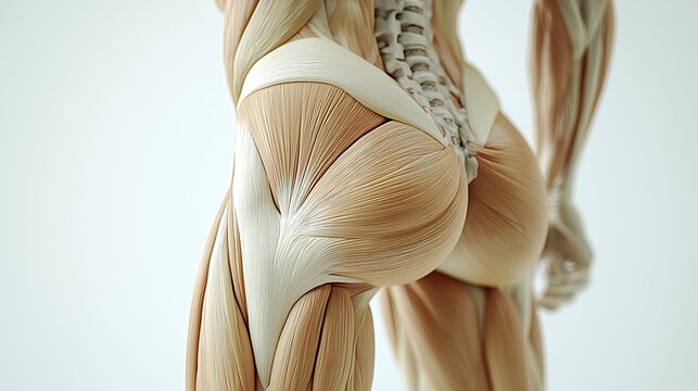 Detailed 3D anatomy of the human hip and gluteal muscles, natural shadows accentuating the curves and structure, educational labeling with soft light highlighting the muscles
