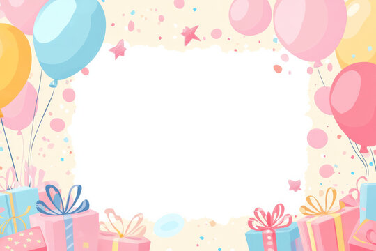 festive birthday frame featuring colorful balloons and gift boxes, perfect for celebrations. empty space invites personal messages or photos, adding joyful touch to any occasion
