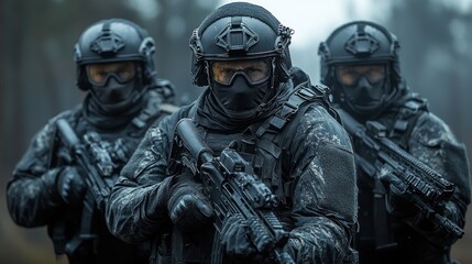 Soldiers in tactical gear preparing for action.