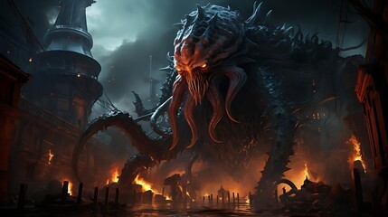 A colossal monstrous creature looms over a burning city at night.