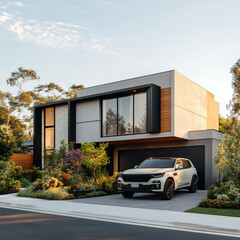 A family SUV parked in front of a modern suburban house with a landscaped garden