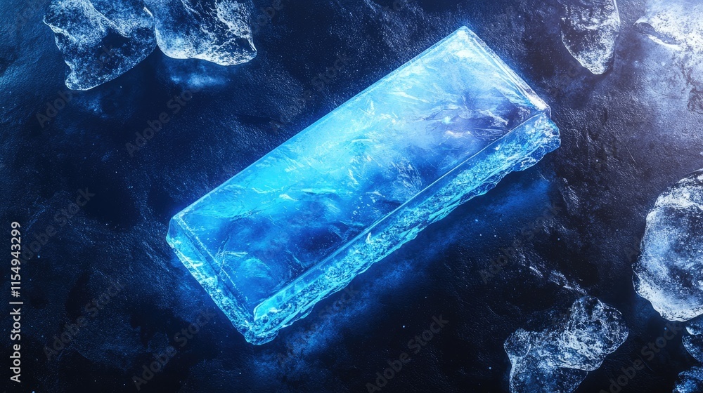 Poster a clear ice block on a dark surface, illuminated to emphasize its crystalline structure.