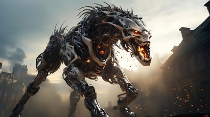 Robotic dog monster in city, futuristic dystopian scene.