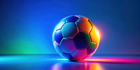 Fototapeta premium Vibrant Soccer Ball Illuminated by Neon Lights on a Reflective Surface