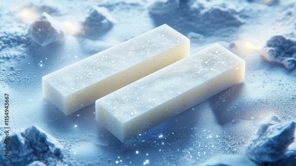 Poster two rectangular white bars resting on a snowy surface, sparkling with light.