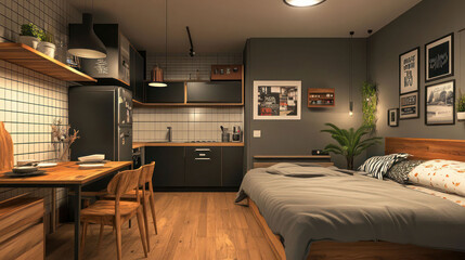 General view of a stylish modern studio apartment. There is a small kitchen with a wooden counter, a double bed and a single bed, and a table with chairs. No one inside