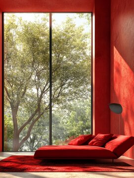 Red Daybed Near Large Window Overlooking Lush Green Trees
