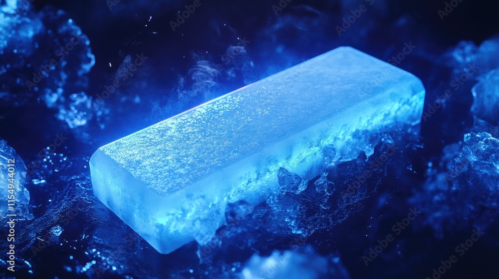 Poster a glowing blue ice block surrounded by mist and ice particles, creating a mystical effect.