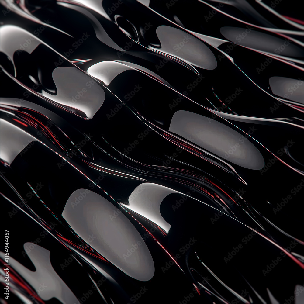 Poster Abstract composition of glossy black waves. Soft highlights and shadows add depth and volume, and subtle red accents between the waves add dynamism and mystery