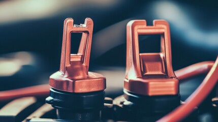 Close-up of two red metallic connectors with black bases and red wires.