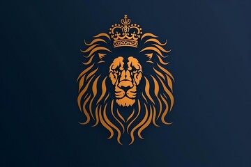 Fototapeta premium Majestic lion head with golden crown on dark blue background.