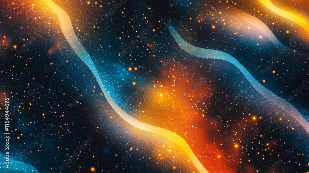 Poster abstract cosmic background with glowing waves and particles.