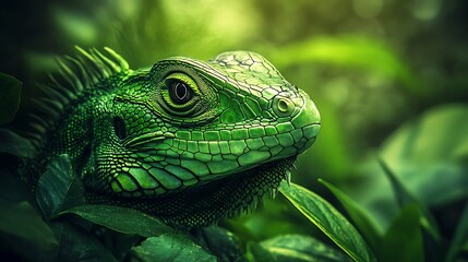 Obraz premium Emerald Iguana in Lush Green Jungle. Wildlife, Reptile, Nature.