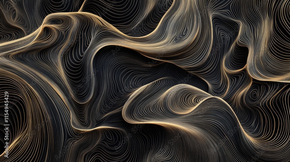 Poster abstract dark background with golden flowing lines and curves.