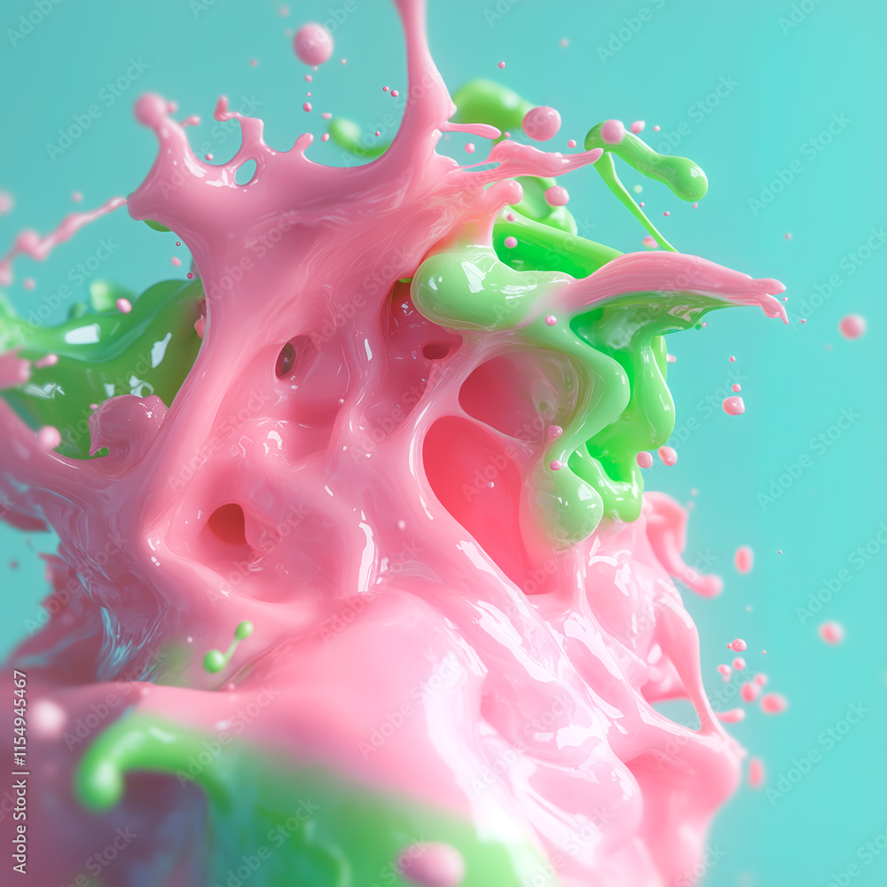 Aufkleber A dynamic burst of pink and green liquids with a glossy texture surrounded by realistic drops and splashes on a blue background. The composition conveys a sense of playfulness and energy
