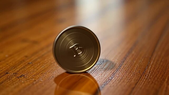 Unique coin spins on a wooden surface showcasing intricate design and craftsmanship