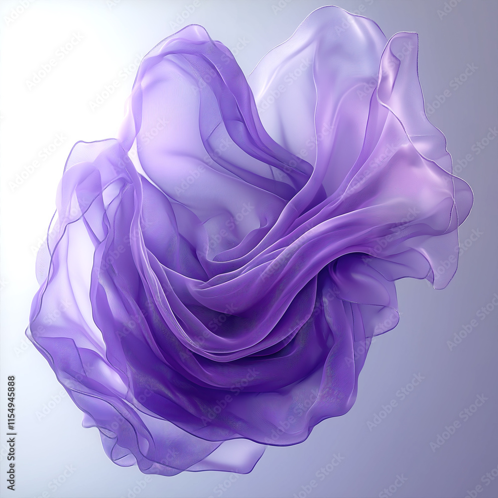 Poster abstract 3d illustration with flying, undulating shapes of fabric in shades of purple and lavender. 