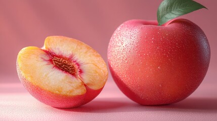 Close-up of Peach with Green Leaf on Plain Light Pink Background