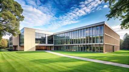 Obraz premium Modern Architectural Design of a Contemporary Office Building with Expansive Glass Facades and Lush Green Lawns