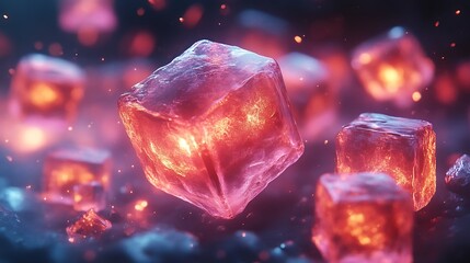 Glowing ice cubes float in dark space.