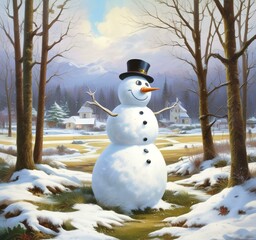 Obraz premium Illustration of snowman with winter landscape.