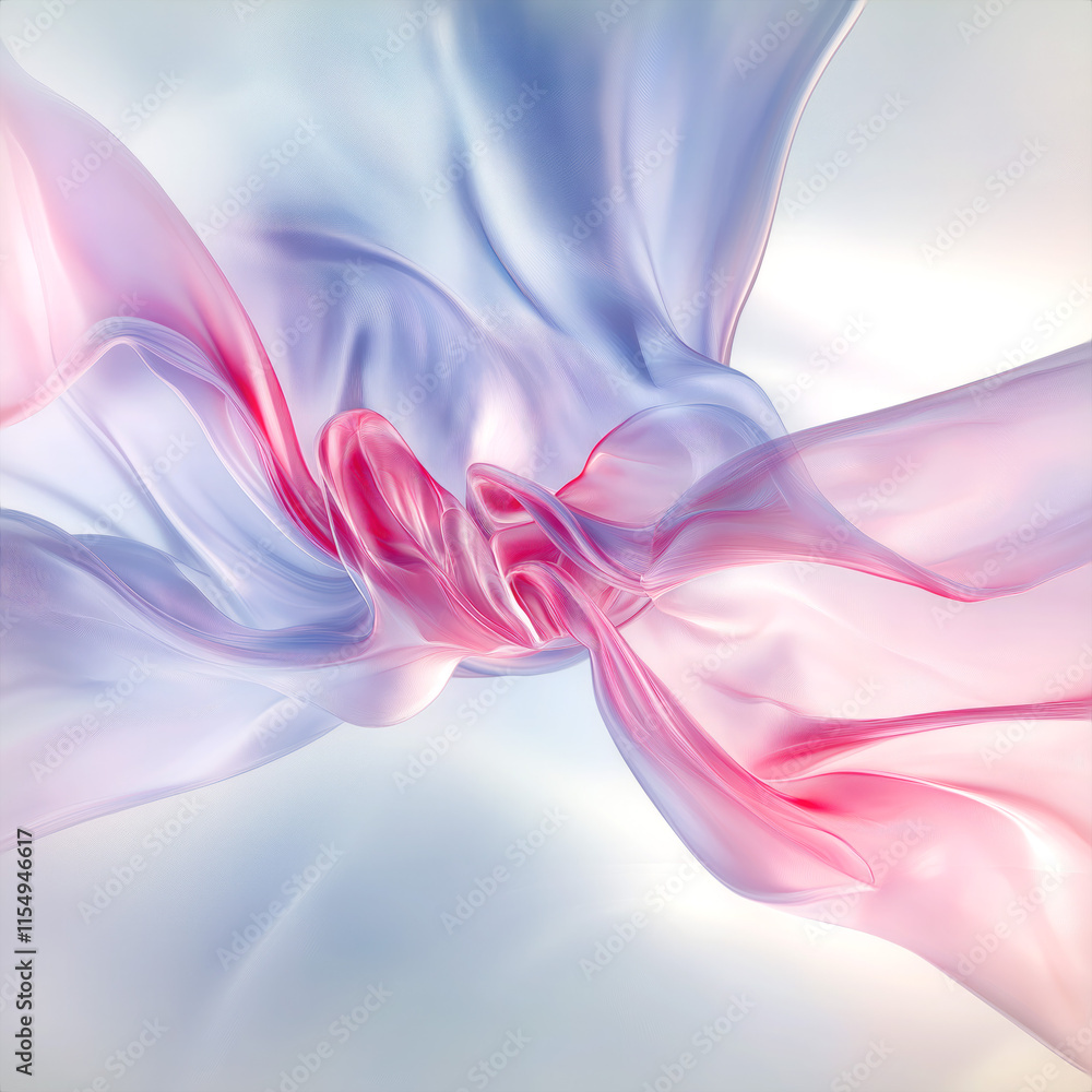Poster A thin transparent fabric flows in space, forming soft curves and twisted lines. The color scheme is represented by pastel pink, purple and white gradients. Soft lighting adds volume, lightness and so