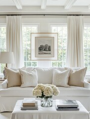 Serene Living Room Decor With White Sofa And Cream Pillows