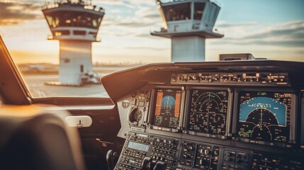 Vibrant Cockpit View with Control Towers at Sunset