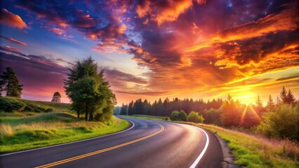Naklejka premium Asphalt road curves gently through a vibrant sunset landscape, painted with fiery colors across the sky, trees lining the roadside.