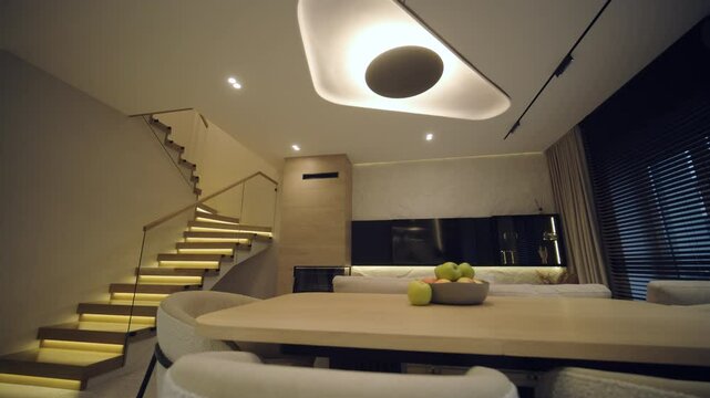 Stylish and elegant minimalist home interior featuring clean lines, neutral colors, and warm ambient lighting, creating a cozy and modern atmosphere.
