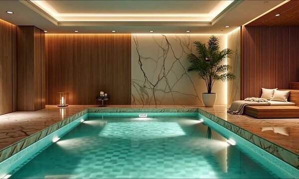 A private spa retreat featuring a hydrotherapy pool, sauna, ambient lighting, marble finishes, and wood accents, serene and indulgent