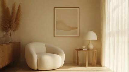 Interior design of harmonized living room with mock up poster, white armchair, lamp, consola and personal accessories. Beige wall. Home decor. Template