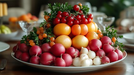 Colorful fruit and vegetable centerpiece.
