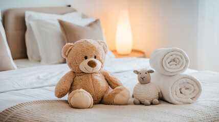 Fototapeta premium The fluffy brown teddy bear, a childhood gift, sits on the white bed, symbolizing love and comfort