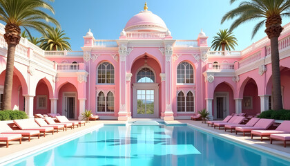 Naklejka premium Breathtaking conceptual architectural photograph showing a grand, ornate building in a tropical paradise