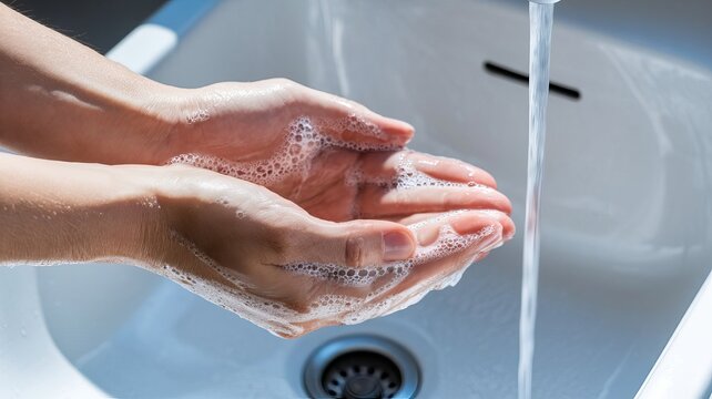 Woman washing hands with soap under running water at the bathroom sink for hygiene and health
