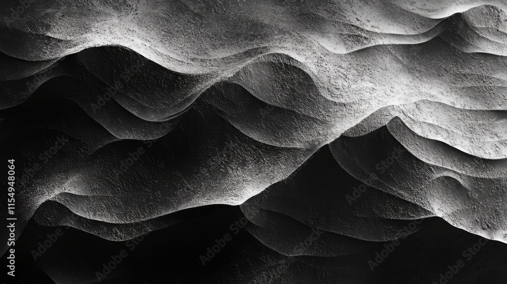 Poster abstract grayscale image of layered, undulating textures resembling sand dunes or waves.