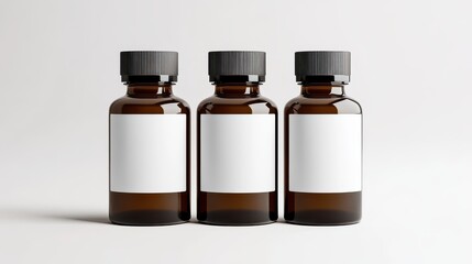 Three Amber Glass Bottles with Blank Labels on a White Background