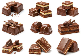 Obraz premium Chocolate dessert pieces sweet food closeup on white background