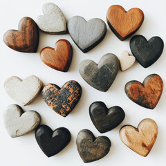 Fototapeta premium Collection of Handcrafted Wooden Heart Shapes in Various Colors and Textures Arranged on a Light Background Ideal for Love and Craft Themes