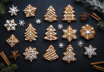 Festive Gingerbread Cookies Decorated with Icing in Various Shapes and Designs Arranged on a Dark Background Surrounded by Cinnamon Sticks and Pine Foliage