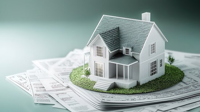 Simplified 3D rendering of a house with mortgage documents encircling it, minimalistic with light green and white tones, soft light creating a serene atmosphere, mood of homeownership and financial