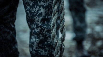 Close-up of Military Personnel Holding Thick Rope in Camouflage Uniform Captured in a Gritty Outdoor Environment, Symbolizing Strength and Resilience