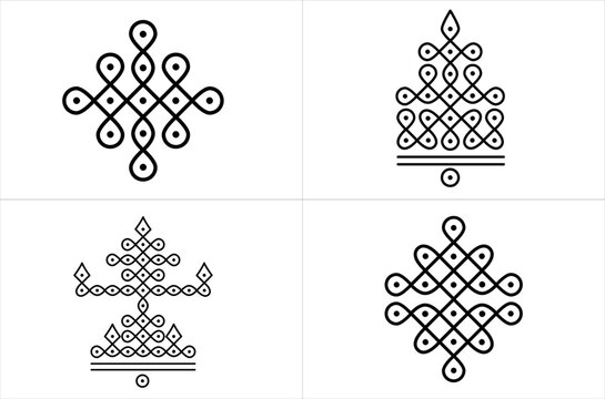 Set of Rangoli or Kolam design concept of line drawing isolated on white background - vector illustration